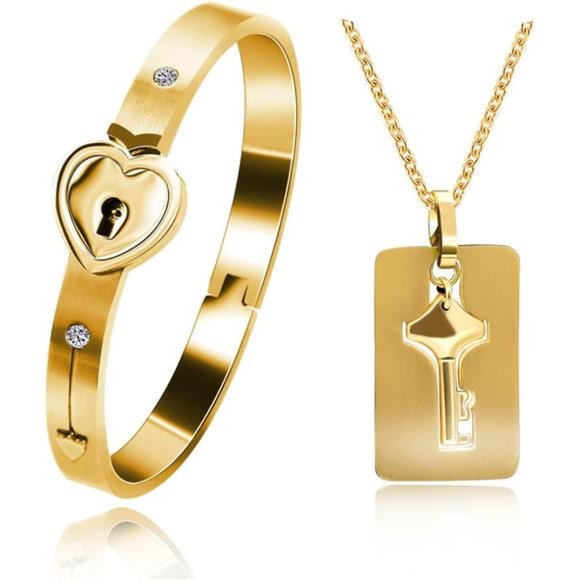 Rose Gold Plated Titanium Matching Puzzle Couple Heart Lock Bracelet&Key Pendant - Picture 1 of 7
